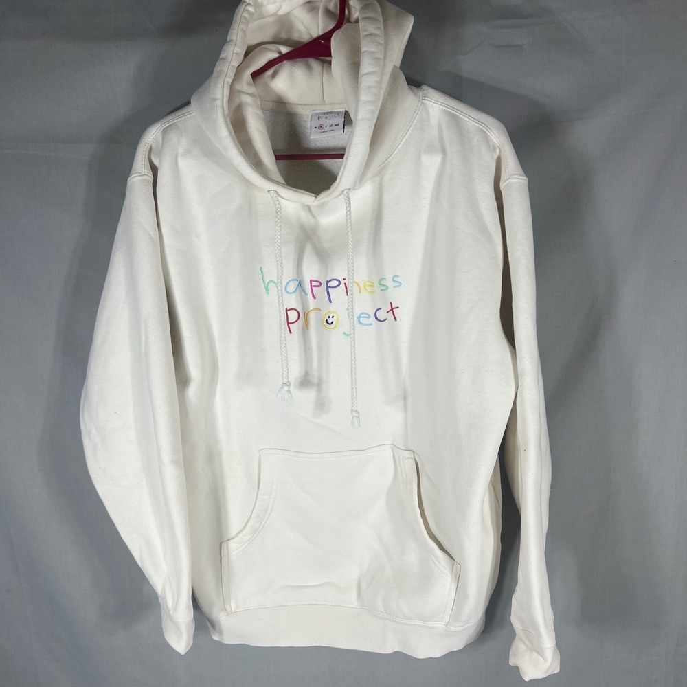 Happiness Project Hoodie Embroidered Logo White Unisex Medium